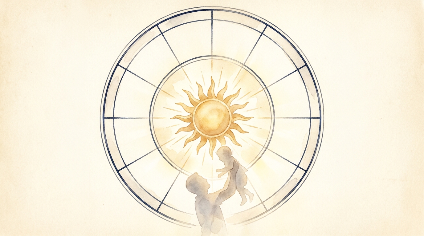 Watercolor of a chart wheel with the sun at center and a faint father and child silhouette