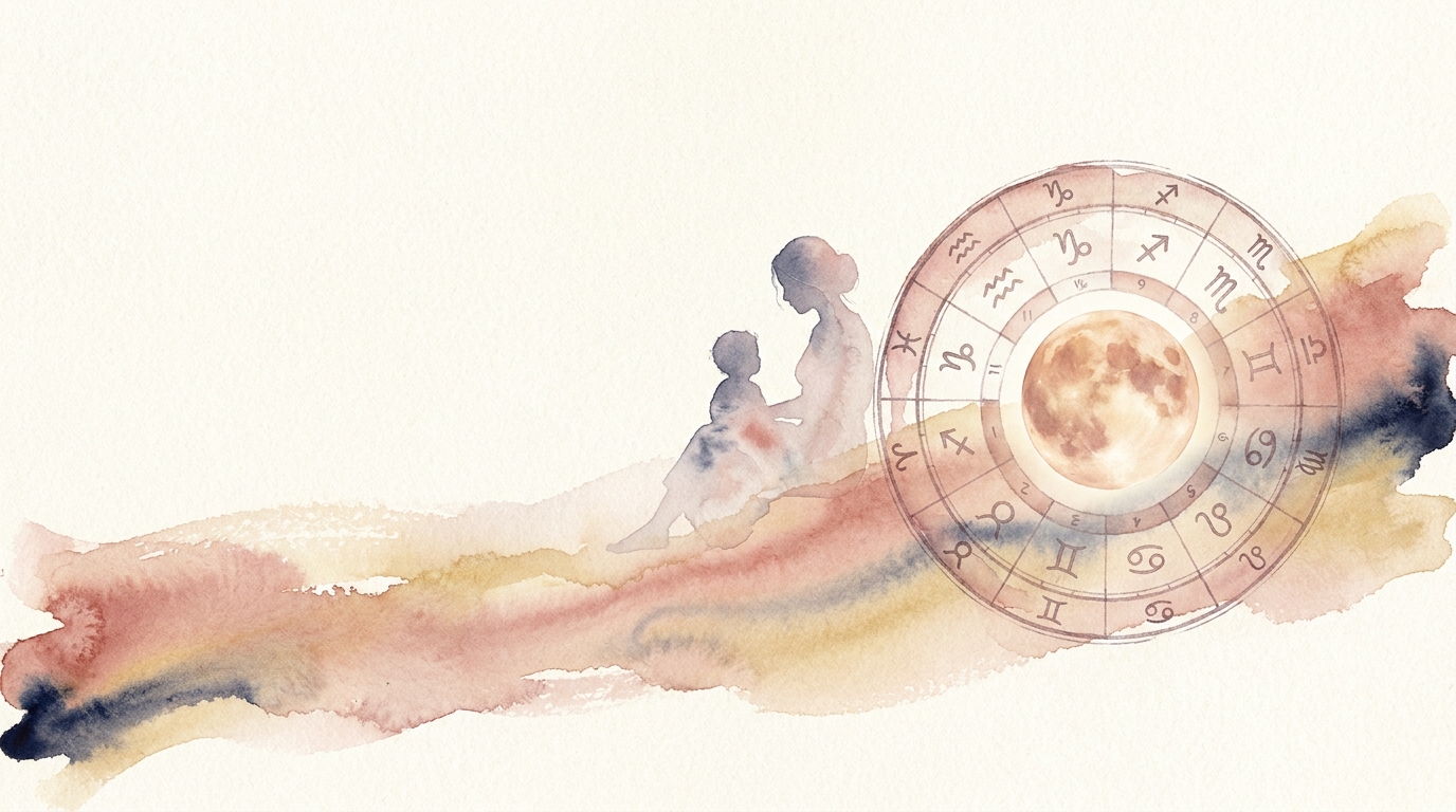 Watercolor of a chart wheel with the moon at center and a faint mother and child silhouette