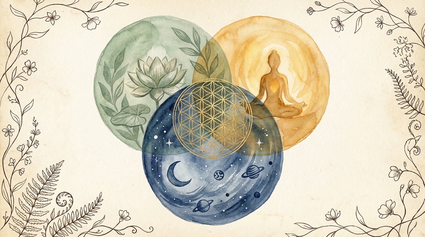 Three overlapping circles: Ayurveda (what you need), Jyotish (when timing matters), Yoga (how to practice) — united through sacred geometry