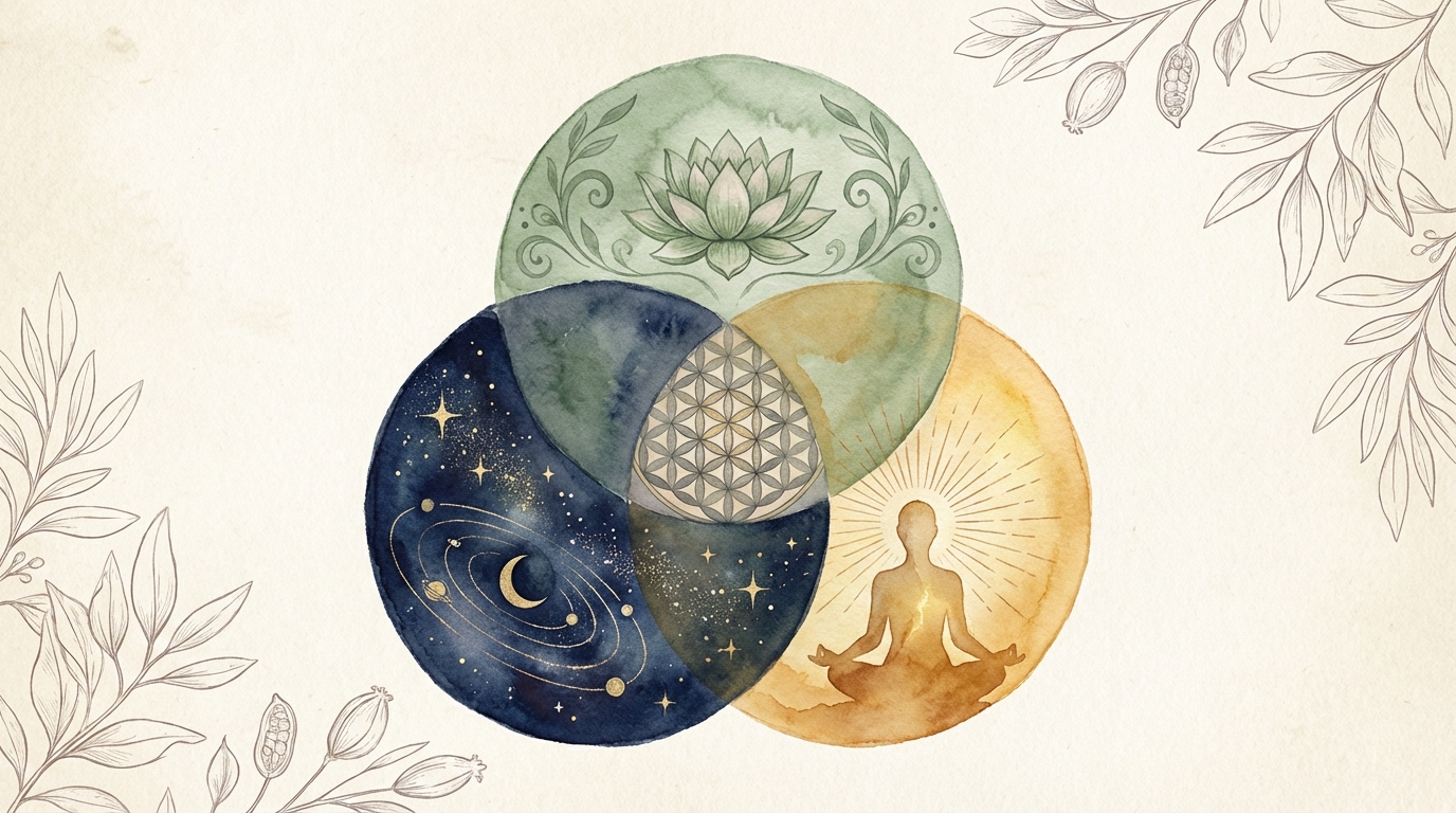 Three overlapping circles representing Ayurveda, Jyotish, and Yoga — watercolor illustration
