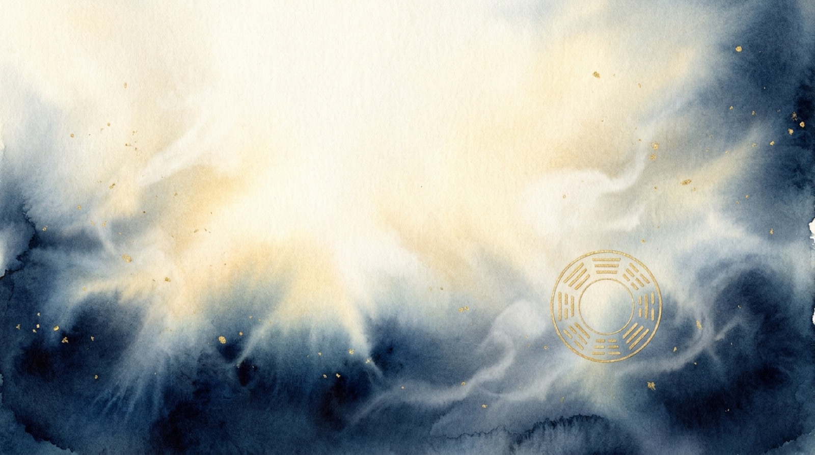 Watercolor of indigo mist rising to gold, with a golden bagua — the eight trigrams of the I Ching