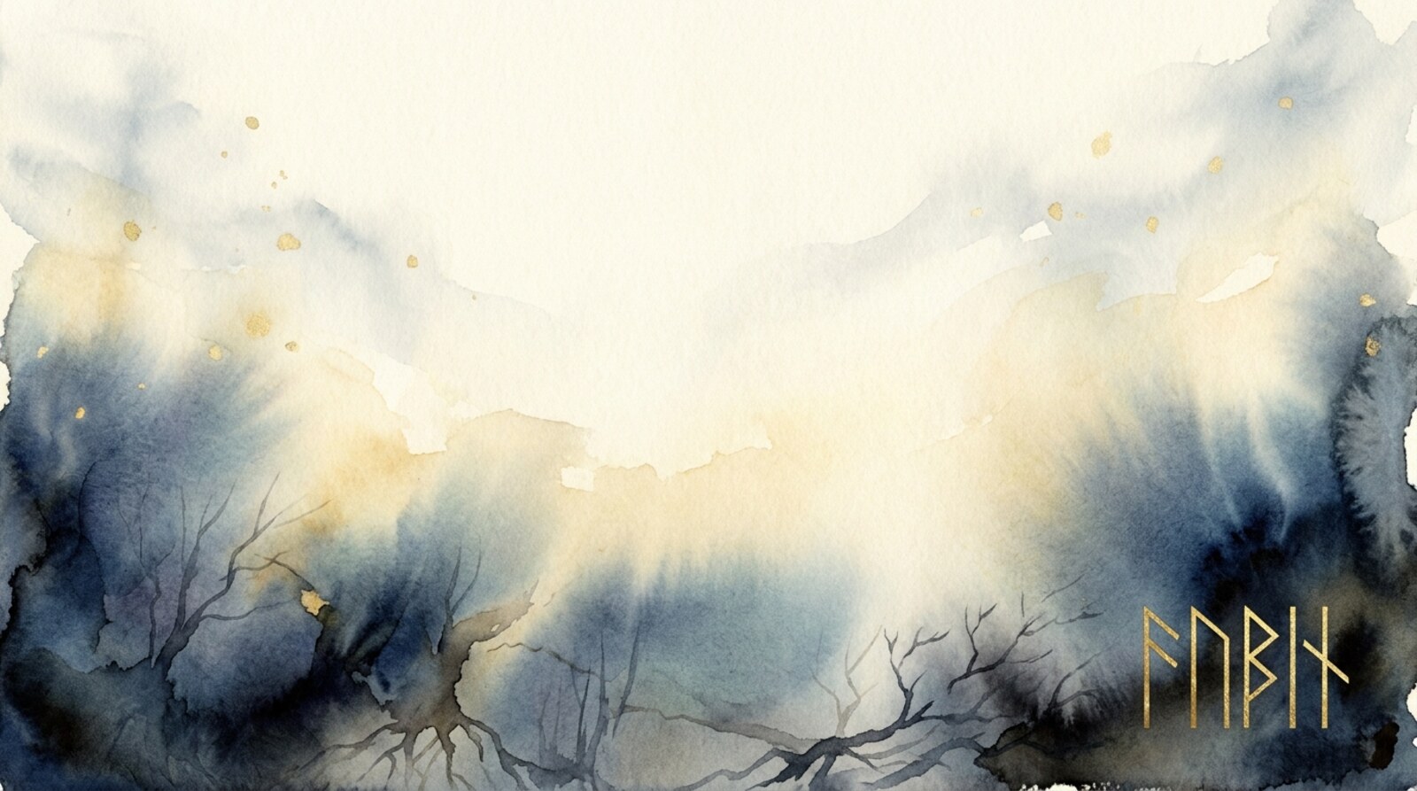 Watercolor of a Norse world-tree in indigo and gold rising from pale ground